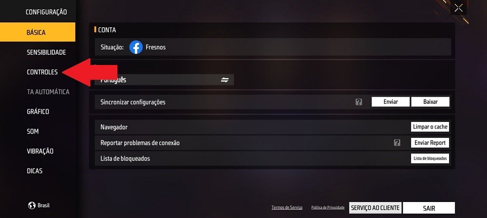 Vá em controles para alterar a HUD do Free Fire