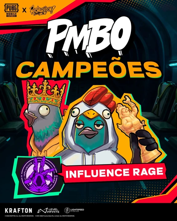 Arte oficial do PMBO destacando a Influence Rage como campeã do torneio de PUBG MOBILE com Richarlison