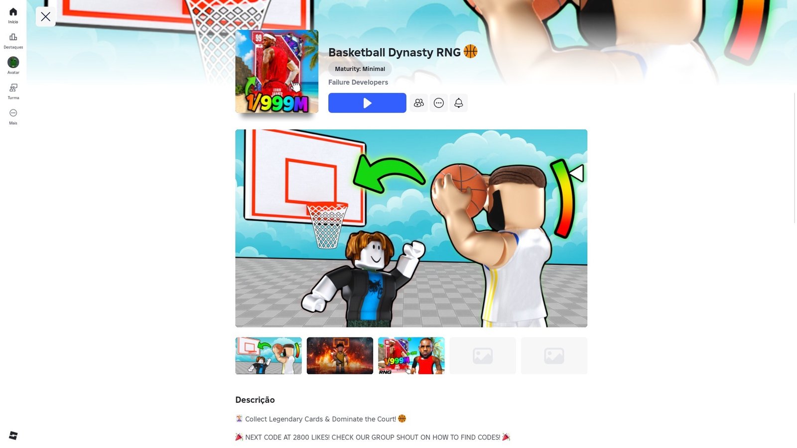 página do jogo no Roblox