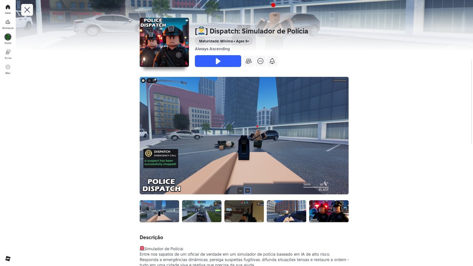 página do jogo no Roblox