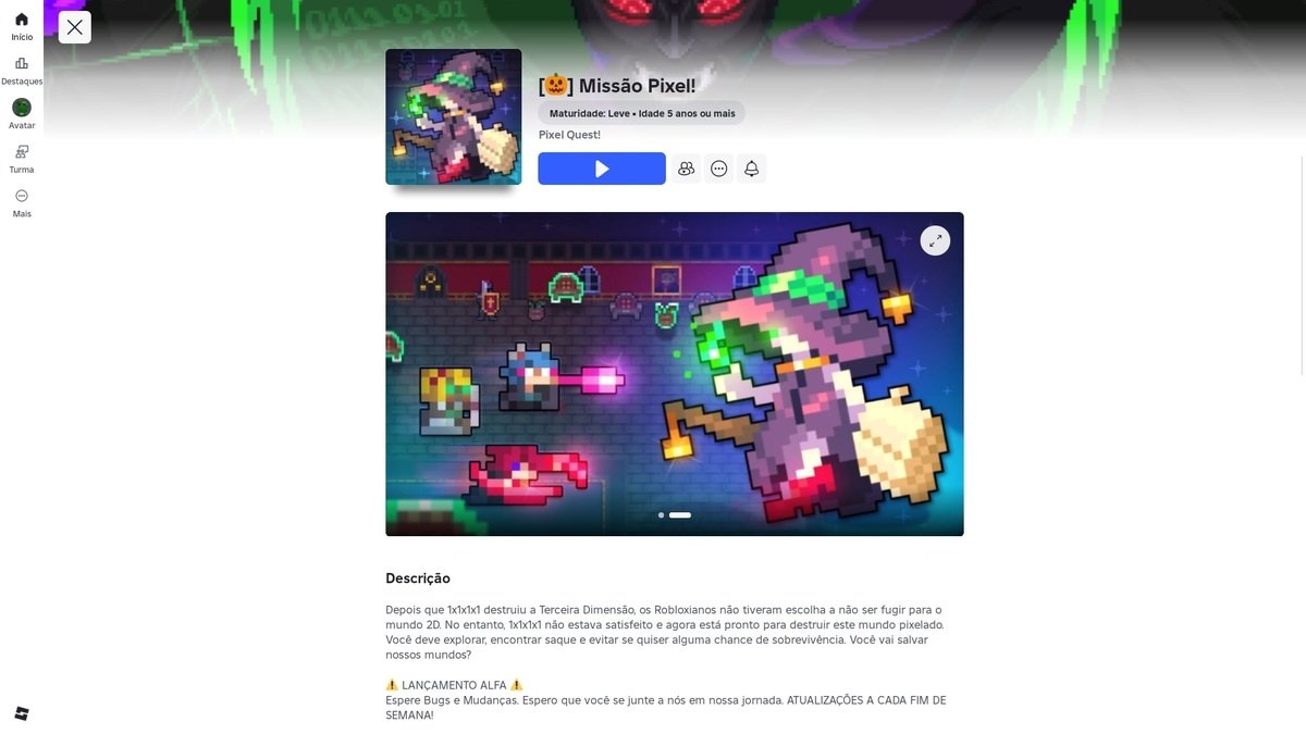 página do jogo no Roblox