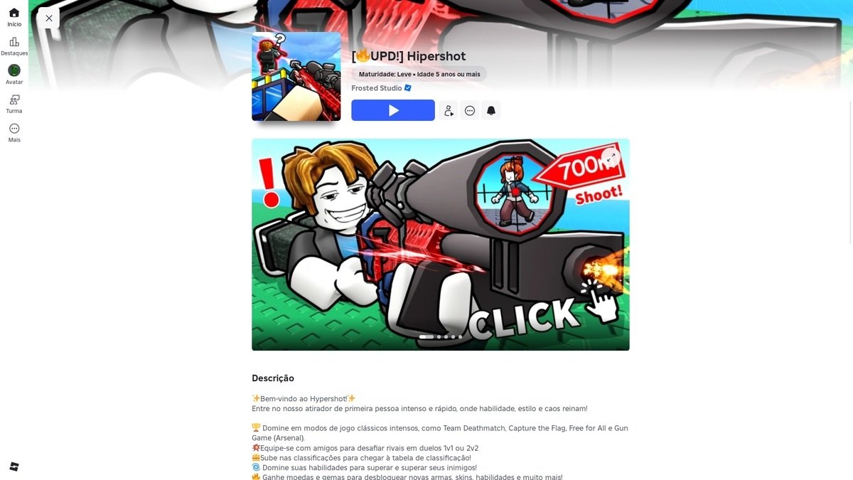 página do jogo no Roblox